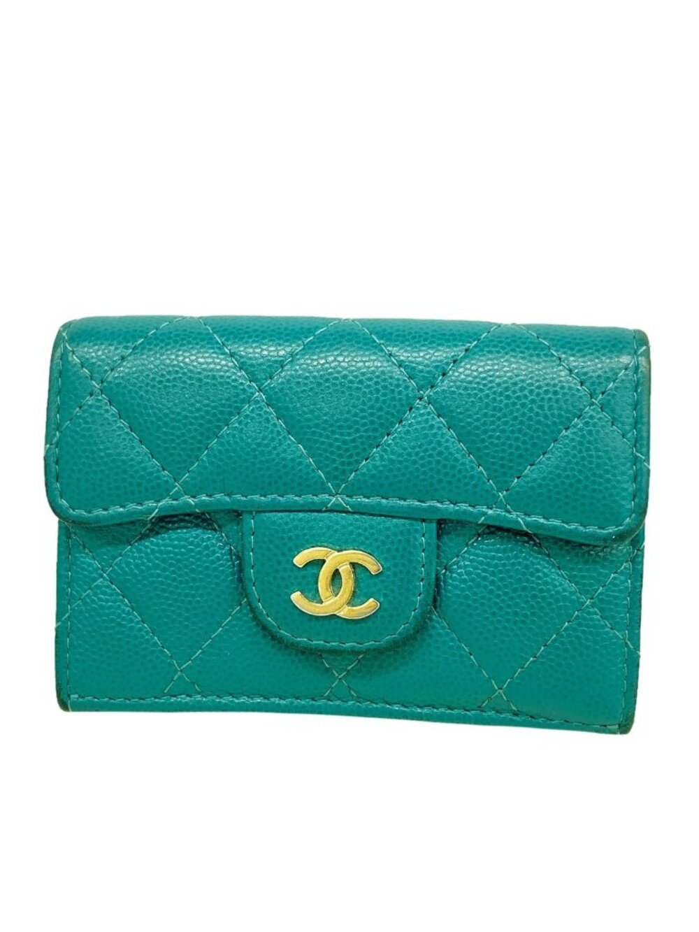 Chanel Trifold Wallet Quilted Caviar Leather Green Champagne Gold